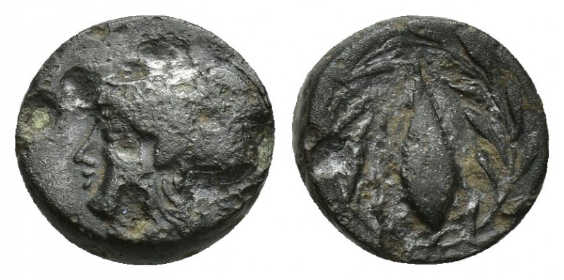 AIOLIS, Elaia. After 340 BC. Æ 10.7mm. 1.2 gr. Head of Athena left in Corinthian...