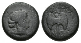LYDIA, Thyateira. 2nd century BC. Æ (14.7mm, 4 g,). Laureate head of Apollo right / Labrys; bow to left.