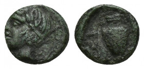 MYSIA. Kyzikos. Ae (4th century BC). 0.6g 8.3mm Obv: Laureate head of Apollo left. Rev: KY / ZI. Amphora; below, tunny tight.