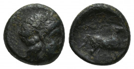 Ionia, Kolophon, 360-330 BC. Æ (11.4mm, 1.8g). Laureate head of Apollo r. R/ Horse r.