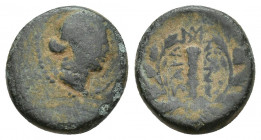 Lydia, Sardes, 2nd-1st century BC. Æ (14mm, 3.1g). Laureate head of Apollo r. R/ Ethnic around club within wreath; monogram to r.