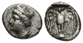 PONTOS, Amisos. V-IV Century BC. AR Siglos (3.5g 14.5mm). Head of Tyche wearing stephane / Owl standing facing on shield, wings spread.