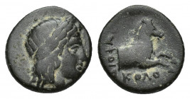 IONIA. Kolophon. Ae (Circa 330-285 BC). 2.1g 12.8mm Diopha-, magistrate. Obv: Laureate head of Apollo right. Rev: KOΛO / ΔΙΟΦΑ. Forepart of bridled ho...
