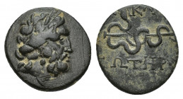 Mysia, Pergamon. Civic Issue. 200-113 B.C. AE 2.4g 15.1mm Laureate head of Asclepios (or Zeus) right Rev: ΑΣΚΛΗΠΙΟΥ / ΣΩΤΗΡΟΣ, legend vertically downw...