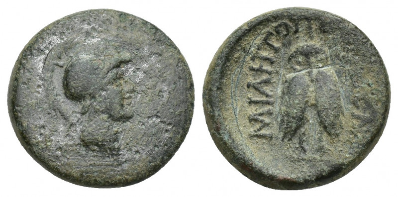 Mysia, Miletopolis Æ22. Circa 2nd-1st century BC. 5.8g 19.2mm Helmeted head of A...
