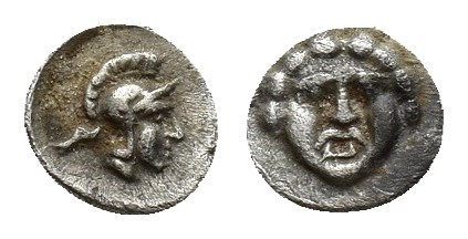 Pisidia, Selge, Obol, 0.2gr, 5.7mm. 350-300 BC Obverse: facing gorgoneion Revers...