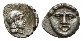 Pisidia, Selge, Obol, 0.9gr, 10.5mm. 350-300 BC Obverse: facing gorgoneion Reverse: head of Athena in corynthian helmet right