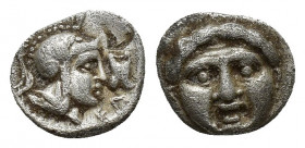 Greek Pisidia, Selge, c. 350-300 BC. AR Obol (10.3mm, 1.1g). Facing gorgoneion. R/ Helmeted head of Athena r.; astragalos to r.