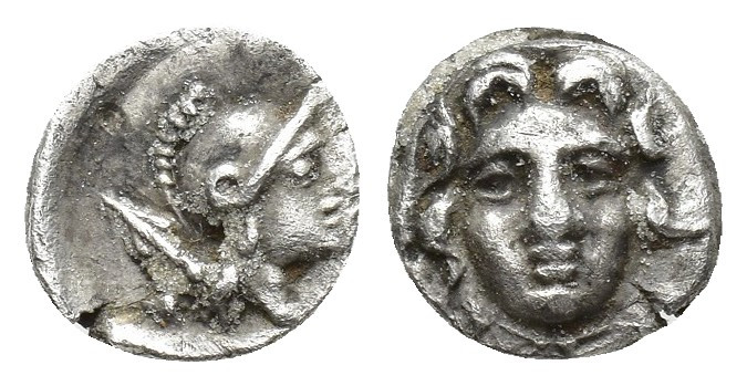 Pisidia. Selge circa 300-190 BC. Obol AR 10mm., 0,8g. Facing Gorgoneion / Helmet...