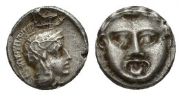 Pisidia, Selge, Obol, 0.9gr, 9.7mm. 350-300 BC Obverse: facing gorgoneion Reverse: head of Athena in corynthian helmet right