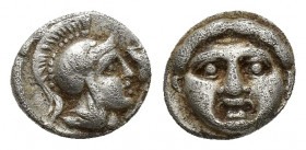 Greek Pisidia, Selge, c. 350-300 BC. AR Obol (9.2mm, 0,9g). Facing gorgoneion. R/ Helmeted head of Athena r.; astragalos to r.
