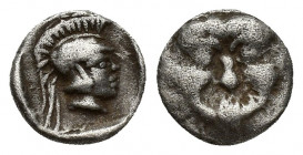 Pisidia, Selge, Obol, 1.2gr, 10.5mm. 350-300 BC Obverse: facing gorgoneion Reverse: head of Athena in corynthian helmet right