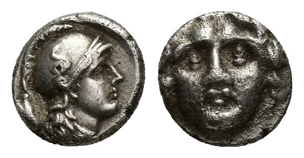 Pisidia, Selge, Obol, 1.1gr, 8.6mm. 350-300 BC Obverse: facing gorgoneion Revers...