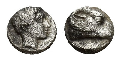 CARIA, Kasolaba(?). Circa 450-400 BC. AR Hemiobol (5.7mm, 0.3 g).Head of ram rig...