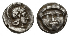 Pisidia, Selge, Obol, 1.2gr, 9.7mm. 350-300 BC Obverse: facing gorgoneion Reverse: head of Athena in corynthian helmet right