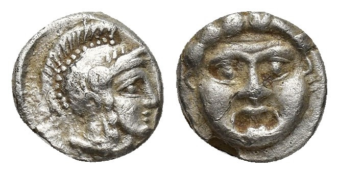 Pisidia, Selge, Obol, 1gr, 9mm. 350-300 BC Obverse: facing gorgoneion Reverse: h...