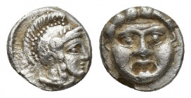 Pisidia, Selge, Obol, 1gr, 9mm. 350-300 BC Obverse: facing gorgoneion Reverse: head of Athena in corynthian helmet right