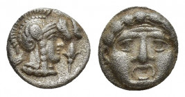 PISIDIA. Selge. Obol (Circa 350-300 BC). Obv: Facing Gorgoneion, tongue protruding. Rev: Helmeted head of Athena right; astragalos to right. Flower