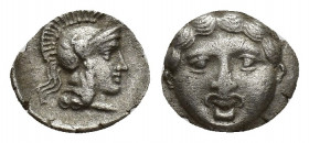 Pisidia, Selge, Obol, 0.6gr, 9mm. 350-300 BC Obverse: facing gorgoneion Reverse: head of Athena in corynthian helmet right