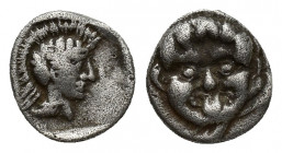 Pisidia, Selge, Obol, 1.1gr, 10.1mm. 350-300 BC Obverse: facing gorgoneion Reverse: head of Athena in corynthian helmet right