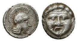 Pisidia, Selge, Obol, 0.9gr, 9.6mm. 350-300 BC Obverse: facing gorgoneion Reverse: head of Athena in corynthian helmet right