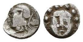 Pisidia. Selge circa 350-300 BC. Obol AR 8.5mm., 0,6g. Facing gorgoneion with protruding tongue / Head of Athena to left, wearing crested Attic helmet...