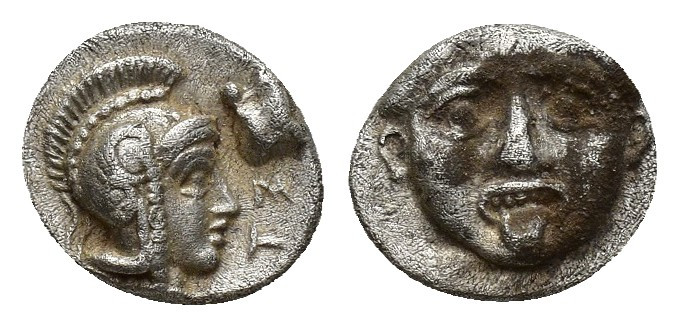 Greek Pisidia, Selge, c. 350-300 BC. AR Obol (9mm, 1g). Facing gorgoneion. R/ He...
