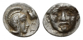 Greek Pisidia, Selge, c. 350-300 BC. AR Obol (9mm, 1g). Facing gorgoneion. R/ Helmeted head of Athena r.; astragalos to r. ΣΤ.