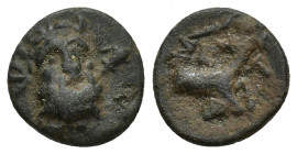 Pisidia, Selge. civic issue. 1st - 2nd centuries B.C. AE 15 (14.5mm, 2.3g). / ΣE-Λ, Forepart of stag right, head lef, Laureate and bearded head of Her...