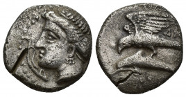 PAPHLAGONIA, Sinope. Circa 330-300 BC. AR Drachm 5.5g 18.8mm Head of nymph left, with hair in sakkos; aphlaston before / Sea eagle on dolphin left;