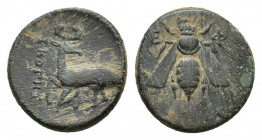 Ionia. Ephesos . Uncertain magistrate circa 390-300 BC. Bronze Æ 14.3mm., 1,9g. Bee / Stag kneeling left, head right, astragalos above, magistrate’s n...