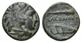 Macedonian Kingdom. Alexander III 'the Great'. 336-323 B.C. Æ unit (16.9 mm, 5.5 g). Uncertain mint. Head of Herakles right, wearing lion's skin headd...