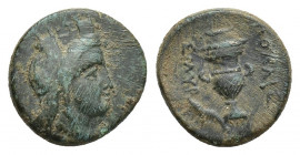 ONIA. Smyrna. Ae (Circa 245-240 BC). 2.3g 14.5mm Pollis, magistrate. Obv: Turreted head of Tyche right. Rev: ΣΜΥΡ ΠOΛΛIΣ. Thymiaterion; to left, shrim...