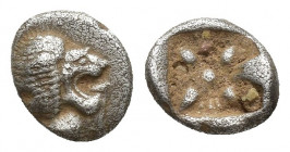 Ionia, Miletos, late 6th-early 5th century BC. AR Diobol (9.4mm, 1.2g). Forepart of a lion l., head r. R/ Stellate design within square incuse. 