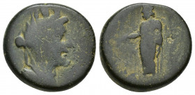 Lydia, Sardes. civic issue. ca. 133 B.C.- A.D. 14 AE (20.2 mm, 9 g). Veiled and turreted bust of Tyche right / ΣΑΡΔΙΑΝΩΝ, Zeus Lydios standing left, h...