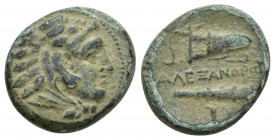 Kings of Macedon. Uncertain mint. Alexander III "the Great" 336-323 BC. Bronze Æ 16mm., 6g. Head of Herakles right, wearing lion skin / AΛEΞANΔPOY Clu...