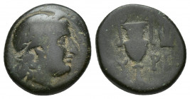 AEOLIS, Myrina . Æ 16.2mm 4.2 g. Laureate head of Apollo right / MY-PA, decorated amphora; lyre right.