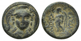 Seleukid Empire, Antiochos I Soter Æ 13.9mm. 2.3g. Smyrna or Sardes, circa 281-261 BC. Helmeted head of Athena facing / ΒΑΣΙΛΕΩ[Σ] ΑΝΤΙΟΧ[ΟΥ], Nike st...