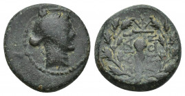 Lydia, Sardes Æ 15.8mm 4.2g. Circa 133 BC - AD 1. Laureate head of Apollo to right / Club; ΣΑΡΔΙΑΝΩΝ across fields, monogram below; all within laurel ...
