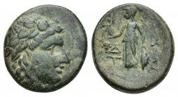 Aiolis, Temnos. 2nd-1st centuries B.C. AE 17 (17 mm, 4.1 g). Wreathed head of Dionysos right / Δ-H / T-A, Athena Nikephoros standing left, holding Nik...