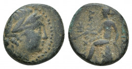 Seleukid Kingdom, Antioch. Antiochos III. 223-187 B.C. AE 13.1 mm, 2.3 g. Antioch mint, undated. Laureate head of Apollo right, dotted border / ΒΑΣΙΛΕ...