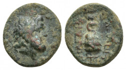 Mysia, Pergamon. Civic Issue. 200-113 B.C. AE 2.6g 14.1mm Laureate head of Asclepios (or Zeus) right Rev: ΑΣΚΛΗΠΙΟΥ / ΣΩΤΗΡΟΣ, legend vertically downw...