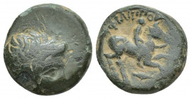 KINGS OF MACEDON. Philip II (359-336 BC). 5.7g 16.3mm Ae. Obv: Diademed head of Apollo right. Rev: ΦIΛIΠΠOY. Youth on horseback right. Control: below ...