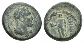 Lydia, Sardes. 2nd-1st century B.C. AE 18 (15.3 mm, 3.2 g). Head of youthful Herakles right, wearing lion's skin around neck / ΣAPΔIANΩN, Apollo stand...