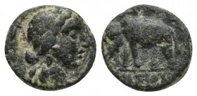 Seleukid Kingdom. Antiochos III. 223-187 B.C. AE (12.3mm, 2 g). Antioch mint. Laureate head of Apollo right within filleted border / BAΣIΛEΩΣ / [AN]TI...