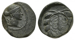 Lydia, Sardes, 2nd-1st century BC. Æ (14.2mm, 4.3g). Laureate head of Apollo r. R/ Ethnic around club within wreath; monogram to r.