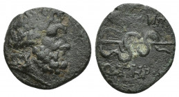 Mysia, Pergamon. Civic Issue. 200-113 B.C. AE 2.8g 16.1mm Laureate head of Asclepios (or Zeus) right Rev: ΑΣΚΛΗΠΙΟΥ / ΣΩΤΗΡΟΣ, legend vertically downw...