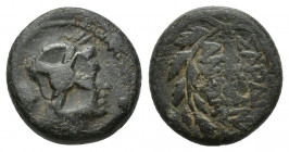 Lydia, Sardes, 2nd-1st century BC. Æ (13.9mm, 3.2g). Laureate head of Apollo r. R/ Ethnic around club within wreath; monogram to r.