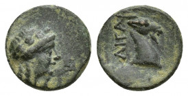 Aiolis, Aigai. 4th-3rd centuries B.C. Æ (16.2 mm, 3.4 g). Laureate head of Apollo right / AIΓAI, head of goat right.