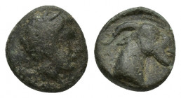 Aiolis, Aigai. 4th-3rd centuries B.C. Æ 9 (9.5 mm, 1.1 g). Laureate head of Apollo right / Head of goat right.